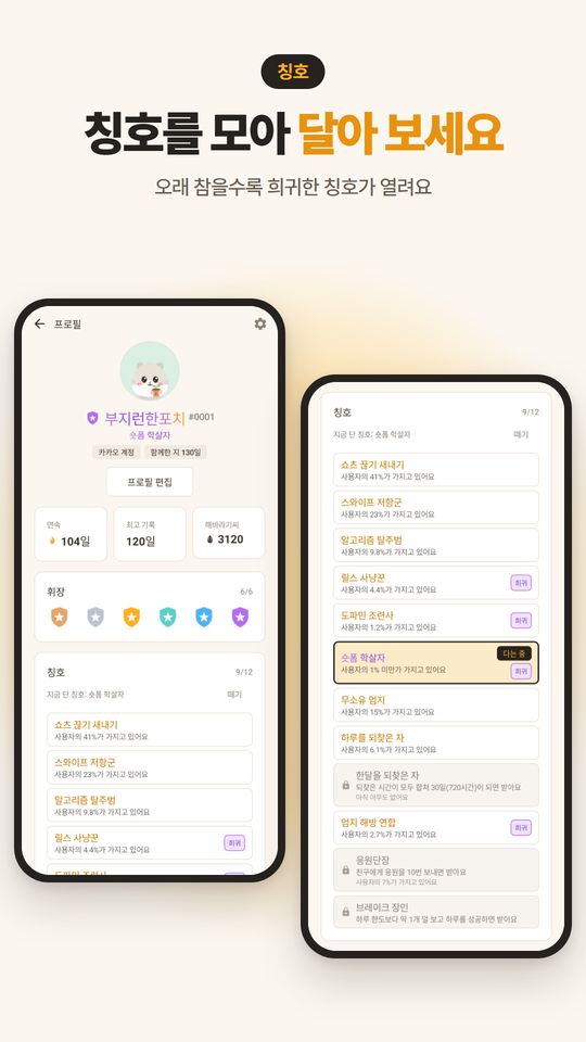 칭호를 모아 달아 보세요. 프로필과 받은 칭호, 희귀 칭호, 잠긴 칭호 카드.
